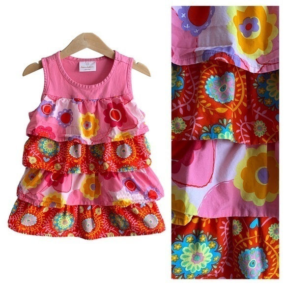 Hanna Andersson Pink Orange Colorful Floral Sleeveless Tiered Ruffle Top - Picture 1 of 8